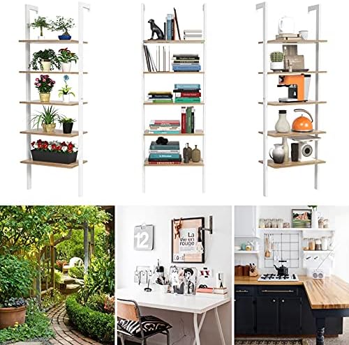 COSTWAY 5-Tier Ladder Shelf, Wall Bookcase Display Rack Shelving Unit, Metal Frame Wooden Storage Shelves Organiser Plant Stand for Living Room, Bedroom, Kitchen and Office