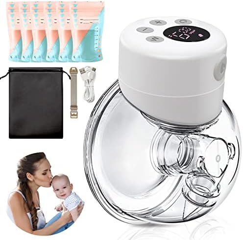 Electronic Wearable Breast Pump,Hands Free Breast Pump with LCD Display, 2 Modes & 9 Levels of Suction, Memory Function, Hands Free Painless,Portable Breast Pump,24mm Flange(White-Single)
