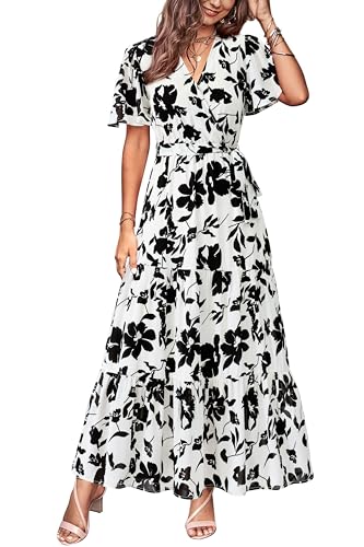 Image of MASCOMODA Women Boho Swiss Dot Maxi Dresses Wrap V Neck Flutter Short Sleeve Solid Tie Waist A Line Tiered Flowy Long Dresses