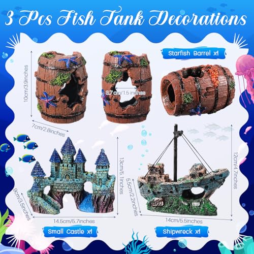 Image of Zeyune 18 Pcs Fish Tank Decorations Artificial Plastic Plants Decoration and Rock Cave Decor Set Aquarium Decor Resin Castle Sunken Ship Starfish Barrel Goldfish Betta Tank Accessories Purple Ornament
