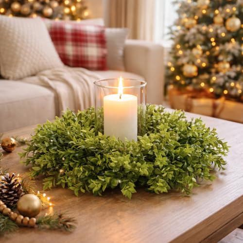 Image of DDHS 23 inch Boxwood Wreaths Front Door, Artificial Spring Summer Wreath with Sash and Foldable, Green Year Round Indoor Outdoor for Farmhouse Fireplaces and Porches DIY St Patricks Day Decorations