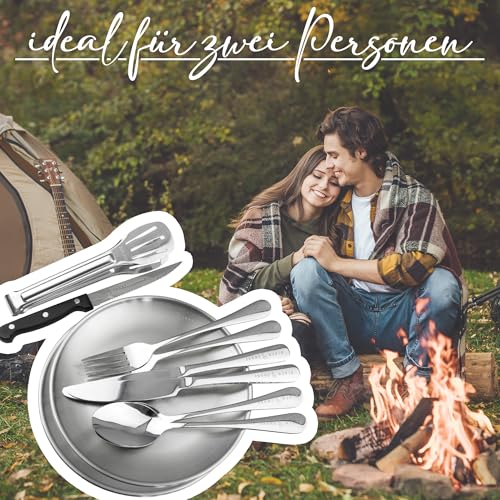 Black Snake Edelstahl Camping Geschirr Set - Teller, Besteck, Grillzange & Steakmesser - Mit Transporttasche - Langlebig - Perfekt für Outdoor & Picknick - 2 Personen - Set