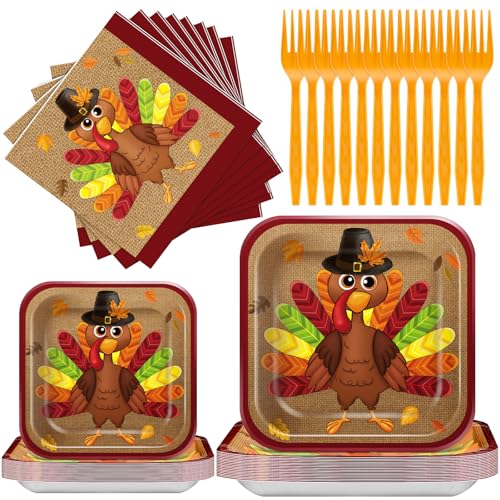 100 Pcs Thanksgiving Turkey Paper Plates and Napkins Disposable Tableware Set for 25 Guests Include Square Dinner and Dessert Plates, Napkins, Forks for Fall Harvest Party Table Decoration Supplies 100 Pcs Thanksgiving Turkey Paper Plates and Napkins Disposable Tableware Set for 25 Guests Include Square Dinner and Dessert Plates, Napkins, Forks for Fall Harvest Party Table Decoration Supplies