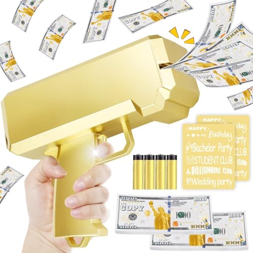 Gold Money Gun Shooter and 201 PCS Props (No Real Function) and 5 Style Stickers and 4 AA Batteries, Money Gun That Shoot Money, Make It Rain Money Thrower Gun Handheld Fake Gun Toy Party Supplies