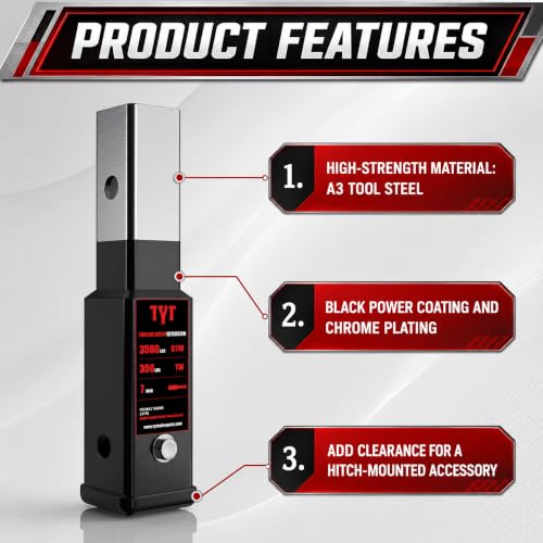 Image of TYT Trailer Hitch Tube Extender for 2 inch Receiver, 7 inch Extension Length, with 5 /8 inch Pin and Clip, 3500 lbs GTW