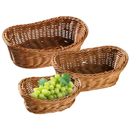 Cesta ovalada para servir pan, 3 recipientes de almacenamiento de alimentos, tejido de ratán de imitación, cajas de almacenamiento versátiles, decoración rústica de granja que mejora la estética de la