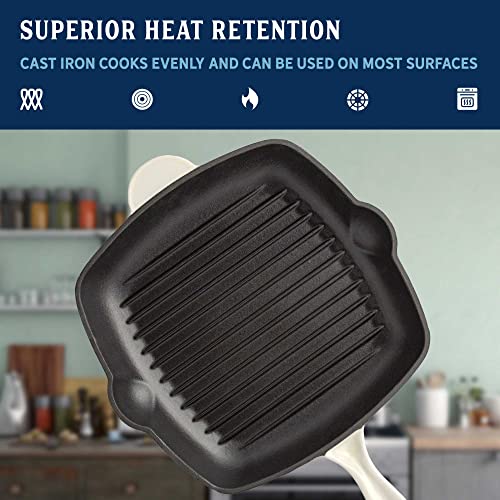 Country Living Enameled Cast Iron Square Griddle Grill Pan With Ridges, Helper Handle And Pouring Spouts For Easy Draining, Indoor Grilling Skillet, 11-Inch, Cream #TOP2