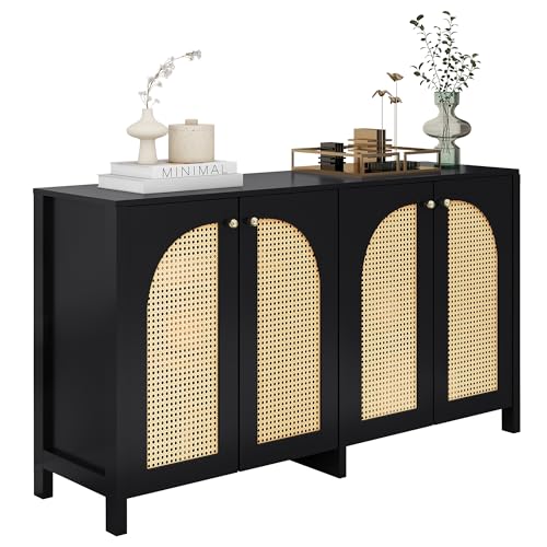 Aparador de 4 puertas negro de ratán minimalista para cocina y comedor mdf 7