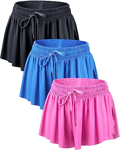 3 Pcs Flowy Running Shorts for Women 2 in 1 Butterfly Shorts with Pockets Spandex Liner Athletic Workout