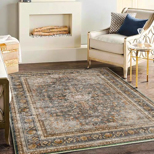 Washable Area Rug 4'x6' Traditional Floor Cover Foldable Thin Rugs Retro Kitchen Indoor Distressed Non Slip Carpet Floral Print Mat Bedroom Living Room