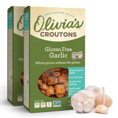 Image of Olivia's Croutons Gluten Free Garlic Croutons, 4.5 oz, 2 Pack | Ancient grain bread, dairy free, vegetarian, salad and soup topping, non gmo