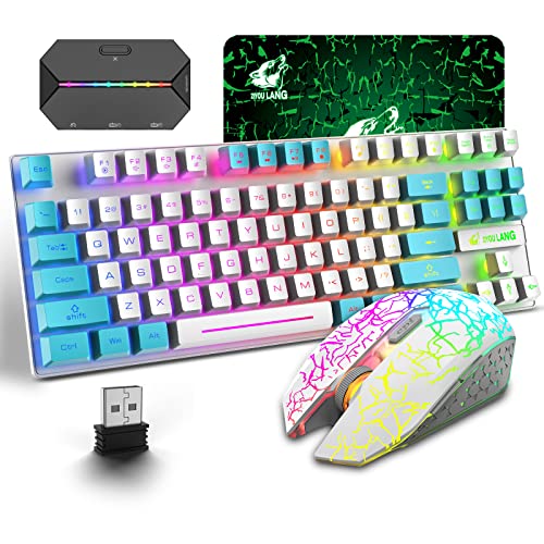 【コンバーター付き】UrChoiceLtd T87ワイヤレスゲーミングキーボードマウスセット、リンボーLEDバックライト、英語配列,3800mAh大容量、無線、2400DPIマウス 2.4G 静音マウス コンバーター コンパクト Switch/PS4/PS3/Xbox One対応 (ホワイトブルー)