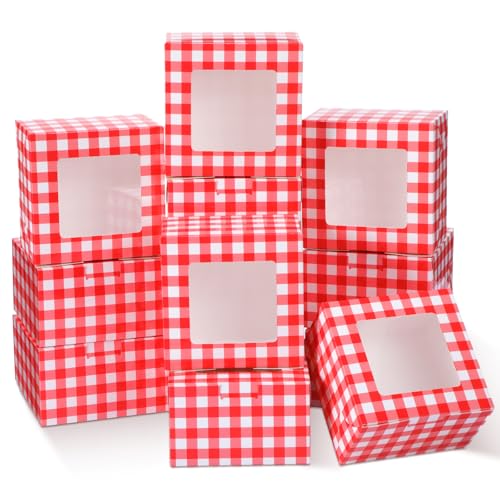 Chivertion 25 Pack Red Gingham Cookie Boxes with Window, Plaid Small Bakery Treat Boxes for Pastry Donuts Macaroon Cupcakes, Wedding Bridal Shower Birthday Tea Party Baby Shower Favors
