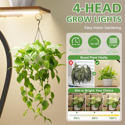 Image of POZILAN Plant Stand Indoor with Grow Lights, 63'' Tall Indoor Plant Shelf, 9 Tiered Lighted Plant Stands for Living Room, Metal & Wood Corner Large Flower Holder for Alcony, Patio & Home, Black