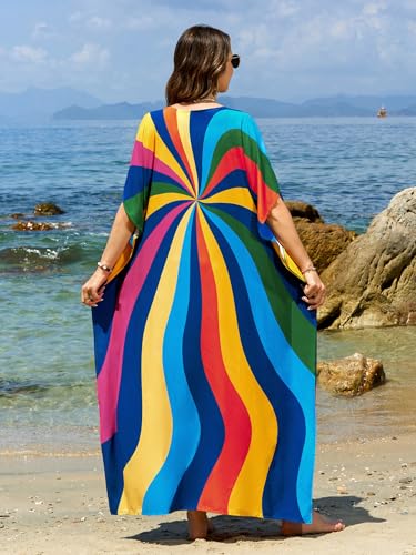 Image of sunforyou Kaftan Dresses for Women Plus Size Lightweight Swimsuit Cover up Batwing Sleeve Print Loungewear Beach Robe