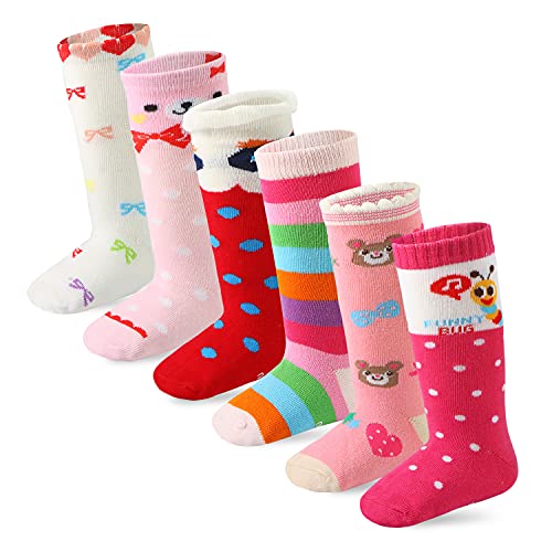 6 Pairs Toddler Girl Knee High Grip Socks, Baby School Socks Anti Slip for Kids Girl