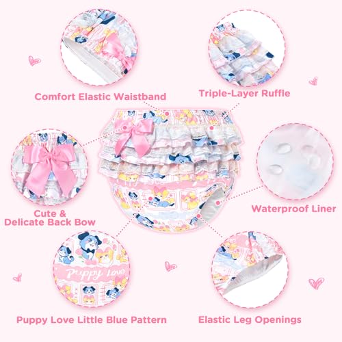 Image of LittleForBig Silky Washable Reusable Waterproof Ruffled Lace Bow Puppy Love Little Blue Pattern Ruffle Adult Diaper Cover L
