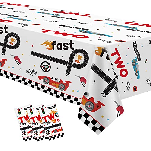 Image of Xigejob Race Car Two Fast Birthday Tablecloth Decorations, Disposable Race Car 2nd Birthday Party Table Cover Supplies, 3 Pack, 54in x 108in