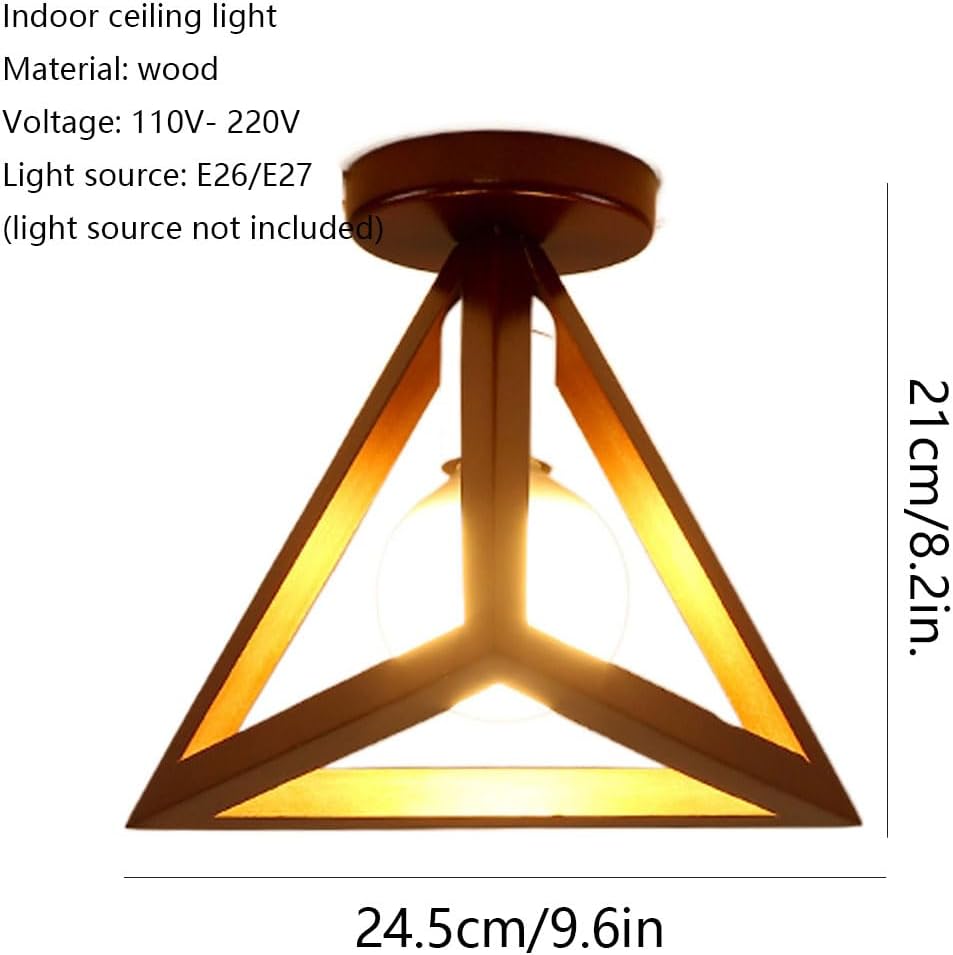 Triangular Shape E27 Ceiling Lamp, Wooden Art Easy to Install Lighting Fixture, Simple and Creative Semi Flush Mount Close to Ceiling Light Fixtures, for Living Room,Bedroom,Kitchen,Balcony