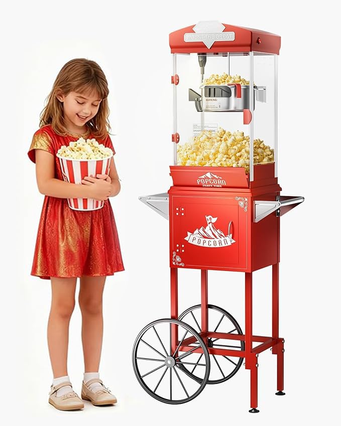 Image of 10 oz Popcorn Machine Cart, Popcorn Maker Machine with Wheel&Stainless-Steel Kettle Makes Up to 48 Cups, Vintage Movie Theater Style Pop Corn Machine, Red