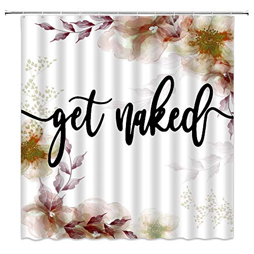 Sunhe Get Naked Shower Curtain Coral Pink Watercolor Flower Leaf Black Funny Quotes Get Naked Creative Rustic Spring Floral Nature Modern Farmhouse Fabric Bathroom Decor Curtain with Hooks