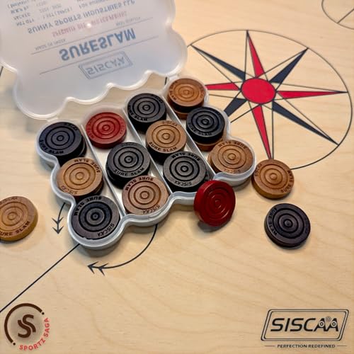 Image of Siscaa Sureslam Carrom Board Coins Set - 11 Black, 11 Yellow, 2 Red Coins - Includes Ultra 30 Grams Non-Toxic Powder - Ideal for Players and Tournaments