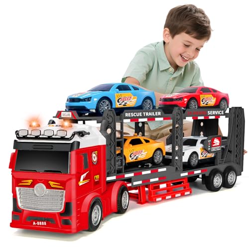 Image of BainGesk Truck Toys Car for 3, 4, 5, 6, 8 Years Old Boys Girls, Adjustable Double Decker Car Carrier Truck with Light & Sound, Car Hauler with Trailer Toy, Large Semi Transport Toy Gifts for Toddler