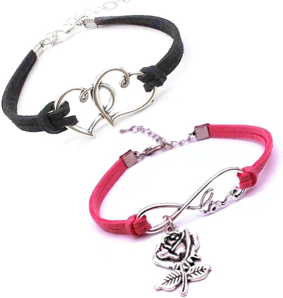 University TrendzCharm Leather Bracelets for Unisex, Double Hearts Bracelets Gifts for Lover Couple Valentines Day Gifts