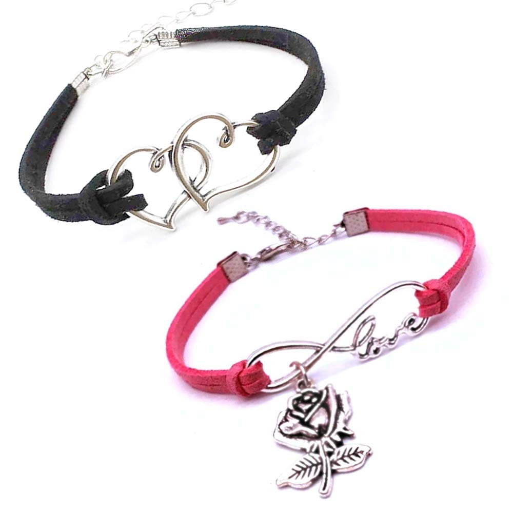 University TrendzCharm Leather Bracelets for Unisex, Double Hearts Bracelets Gifts for Lover Couple Valentines Day Gifts