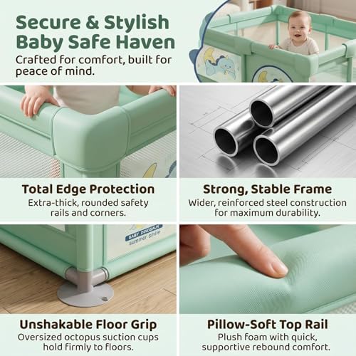 Image of StarAndDaisy Play Pen for Baby for 0-5 Years 150 x 180 cm Baby Play Area Indoor Setup with Safety Lock & Anti-Fall Grasp System | Breathable Play Pen for Kids Indoor - Green