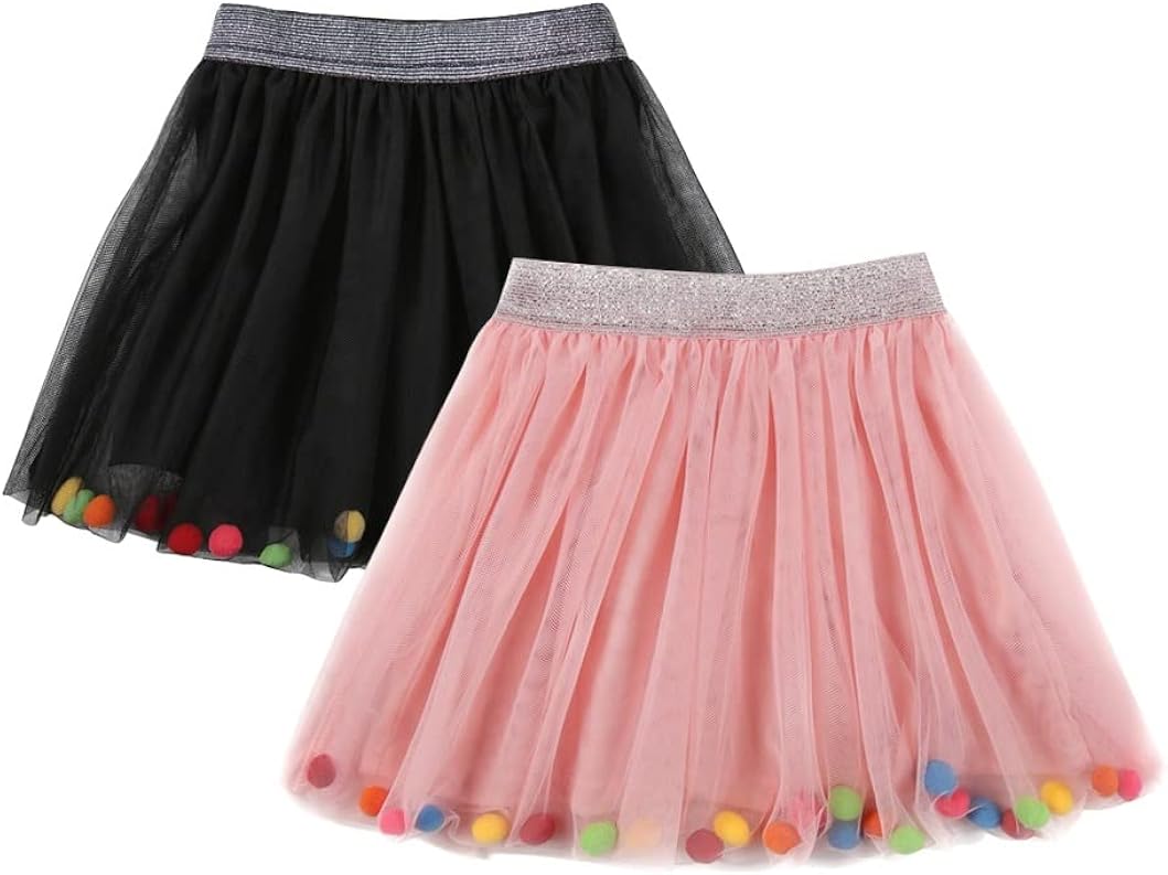 DaniChins Girl's Tutu Skirt Layered Tulle Princess Skirt with Pom Pom Puff Balls for Little Girls
