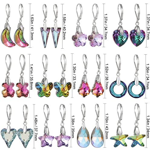 12 Pairs Silver Cubic Zirconia Earrings Set, Sparkling Crystal Cz Round Starfish Heart Teardrop Dangle Drop Healing Gemstone Copper Hypoallergenic Leverback Hoop Earring For Women Girls (12 Pairs Crystal) #TOP1