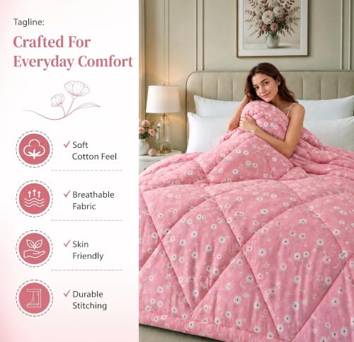 Image of SANMARINO 280 GSM Cotton King Size Comforter | Premium Floral Printed Quilt | Ultra-Soft & Lightweight Reversible AC Blanket for All-Season Comfort, AC Room & Mild Winter - 228x254 cm,Blossom Pink