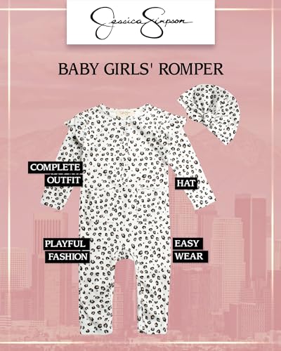 Jessica Simpson Baby Girls' Romper - Overall Jumpsuit with Hat or Headband - Long Sleeve Bodysuit for Newborns/Infants, 0-24M2