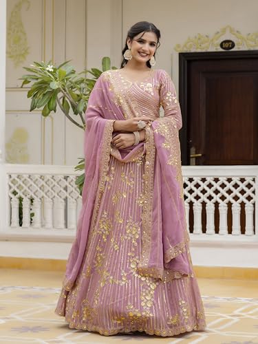 Image of TRENDMALLS Women's Georgette Embroidery Sequence Work Lehenga Choli with Dupatta For Women Semi-Stitch