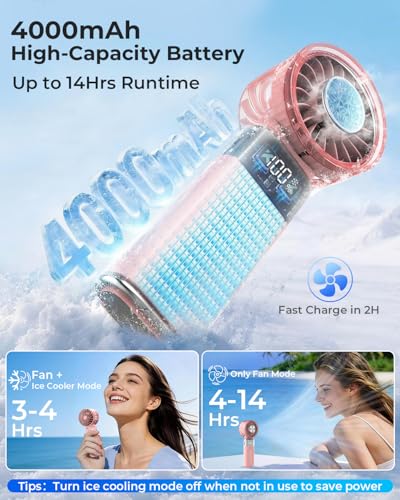 Image of ARCTlCOOL Portable Mini Fan with Ice Touch Tech, 7500 RPM Handheld Fan with Buckle, 4000mAh Battery, 100 Speeds Foldable Fan with Smart Digital Display for Makeup, Travel & Outdoor (Light Pink)