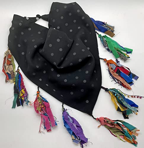 Women's Cowl Tassel Collar Scarf Necklace with Hand Painted Silk Multi Colored Tassels on Black and White Poly Silk - LRW DESIGNS3