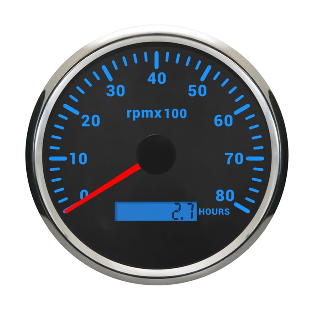8000RPM Tacho Gauge Tachometer REV Counter Hourmeter 110mm 4-3/8" Diameter with Adjustable Backlights 9-32V for Car Motorcycle Boat Yacht (Black&Silver, 0-8000RPM)