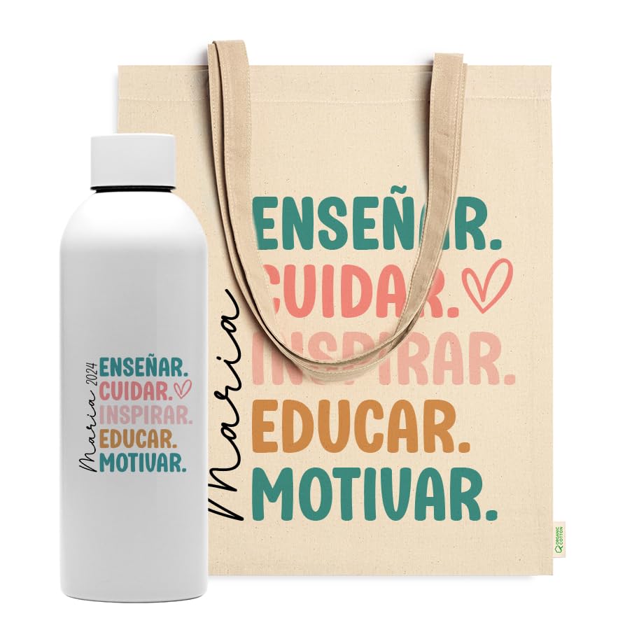 Evyre Regalo Fin de Curso Profesores Tote Bag Botella térmica Profesora Personalizado Maestra Infantil Regalos para Profesores Originales Recuerdos Alumnos Adjetivos