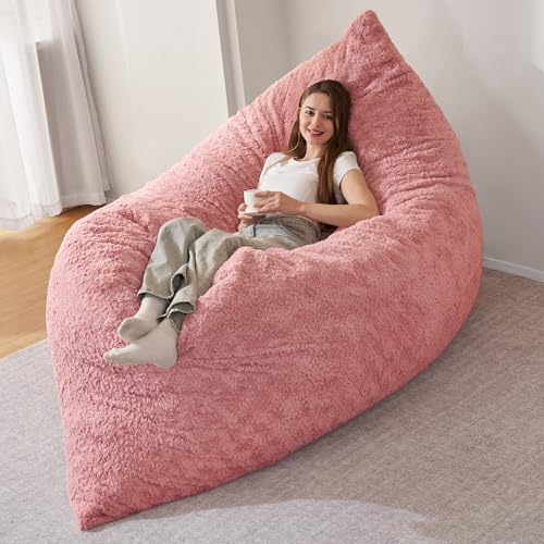 Image of 4 in 1 Bean Bag Chair, Giant Memory Foam Filling Bean Bag Sofa, Adult Bean Bag Chair, Machine Washable Faux Fur Cover, Bean Bag for Adult (Pink)