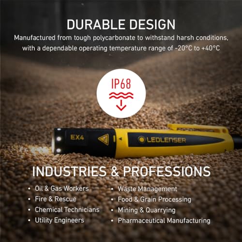 Ledlenser EX4 ATEX Zone 0 LED Intrinsically Safe Pen Torch, x2 AAA Battery, 50 Lumen IP66 Waterproof Pocket Torch, Up to 7 Hours Run Time, for Use in Explosive Atmospheres - Fuel Tanks, Grain Silos