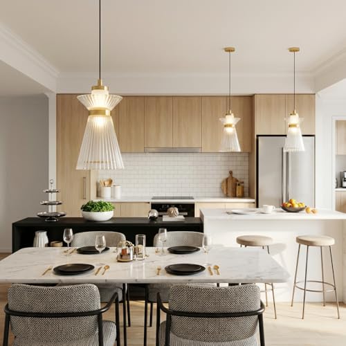Image of Pendant Light 3-Color CCT (Warm + Natural + Cold White) Ribbed Acrylic Gold Metal Hanging Light for Bedroom Living Room Dining