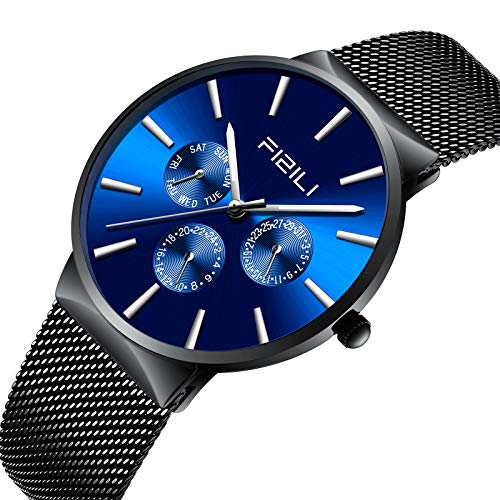 Herren Uhren Ultra Dünne Schwarze Minimalistische Quartz mit Milanese Mesh Edelstahl – Bild 3