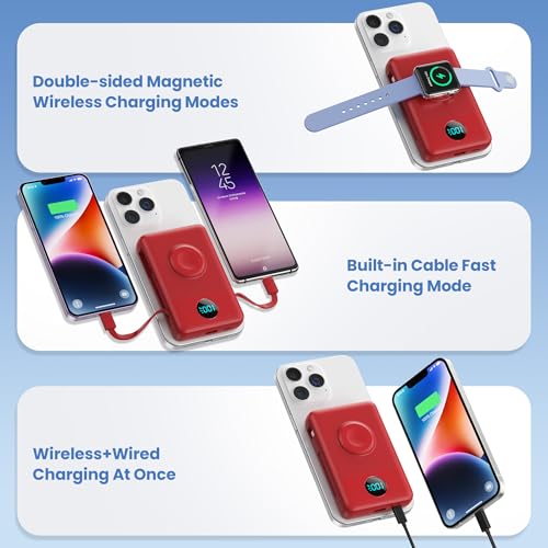 Image of 6 in 1 Magnetic Portable Charger for iPhone with Built-in Cables, 10800mAh 25W PD Fast Charging Power Bank, 6 Outputs Travel Essential Battery Pack for iPhone 17 /16 /15 /14 /13 /12,Apple Watch (Red)