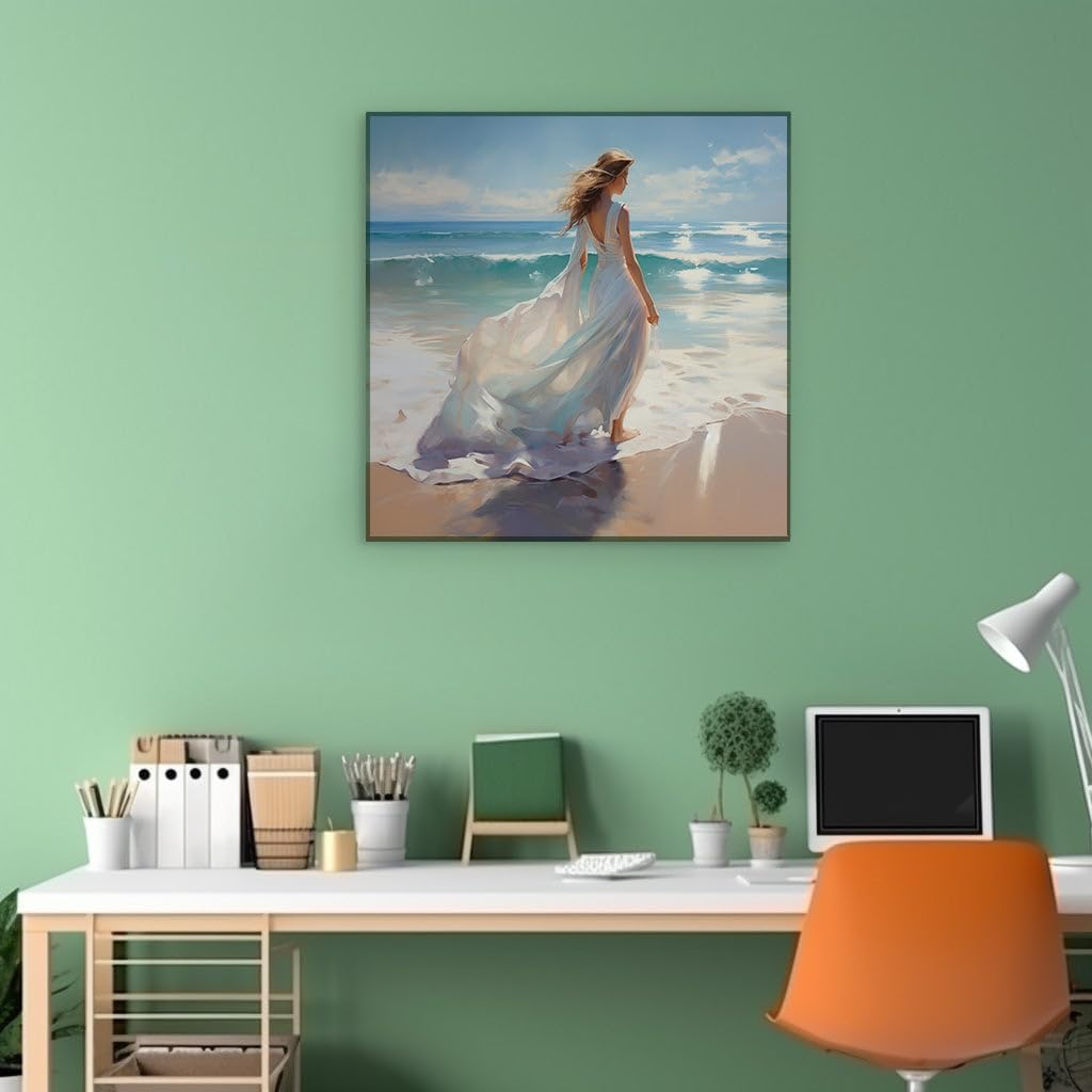 Canvas for Living room. Whispers of the Sea � Embracing Serenity on a Shoreline Stroll, 27 x 18 inch Canvas Wall Art - Contemporary Masterpieces - Modern Home Decor
