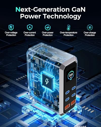 Image of USB C Charger Block, 240W GaN USB C 6-Port Charger Station, Laptop Power PD Adapter with Touch Control and Color Display, Charging Station for MacBook, iPhone, Samsung, Laptop, iPad, Desktop, and More