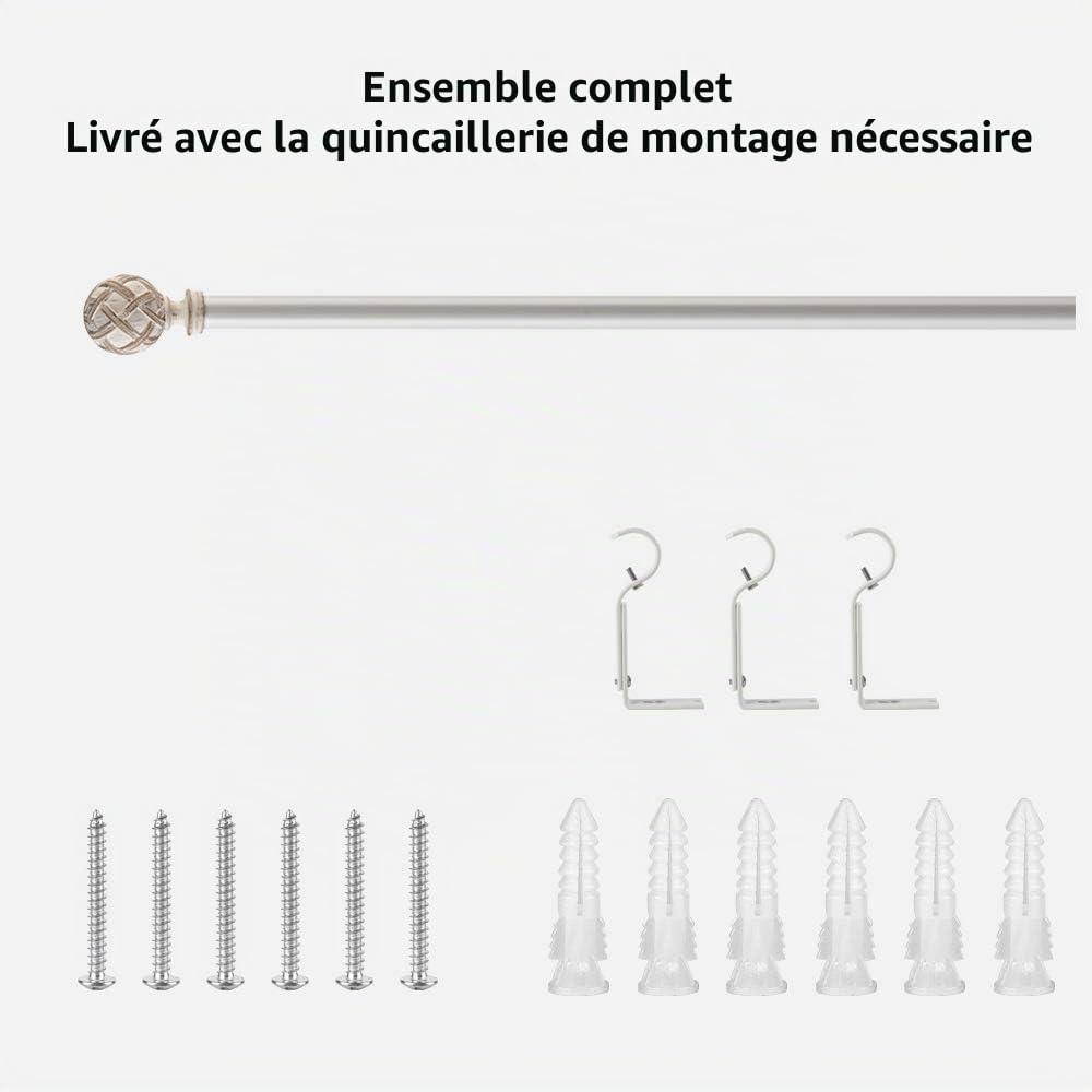 Ycolnaefllr Tringle à Rideaux DéCorative Pour FenêTres De 2,5 Cm De DiamèTre, Longueur RéGlable De 213 à 304 Cm, Tringle à Rideau Simple RéGlable Avec Embout En RéSine, Blanc