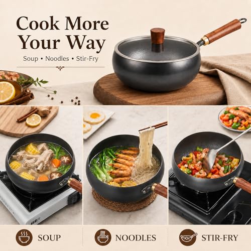 VIVIDCOOKWARE 9.4 Inch Carbon Steel Wok with Glass Lid, Big Belly Flat Bottom Stir Fry Pan, Coating-Free Compact Wok Pan for Gas, Electric, Ceramic & Induction, 3.4 QT for 1–3 Servings — view 6