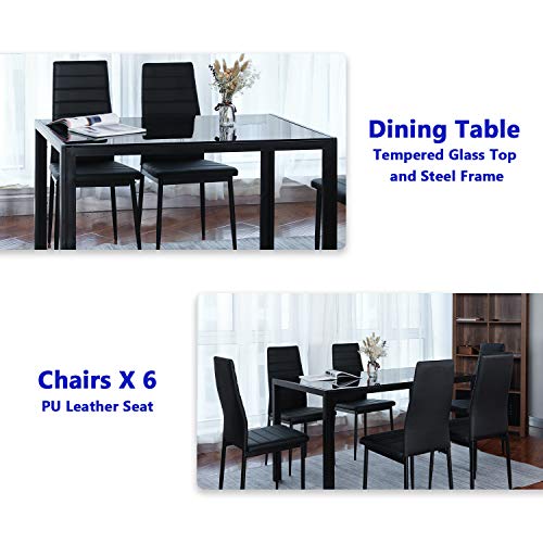 BAHOM 7 Piece Kitchen Dining Table Set for 6, Glass Table and PU Leather Chairs Set of 6 for Breakfast (7 Pieces)