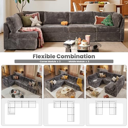 Image of ovios Modular Sectional Sofa Couch with U-Shape Chaise Oversized, Comfy Plush Corduroy Cloud Couches, Modern Luxury Deep Seat Sofas Set for Living Room, 5-Seater, Grey